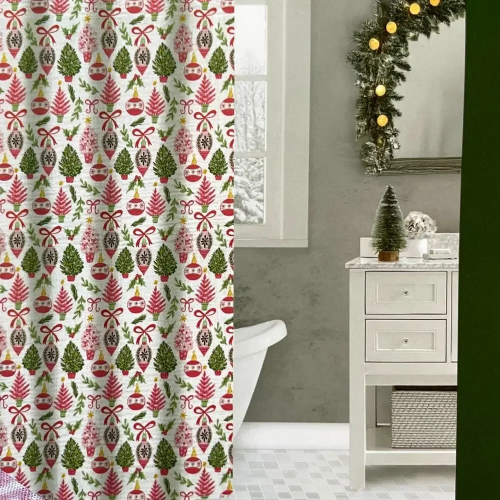 Envogue Christmas Shower Curtain 72x72 Holiday Holly Berry Bow Ornament NEW